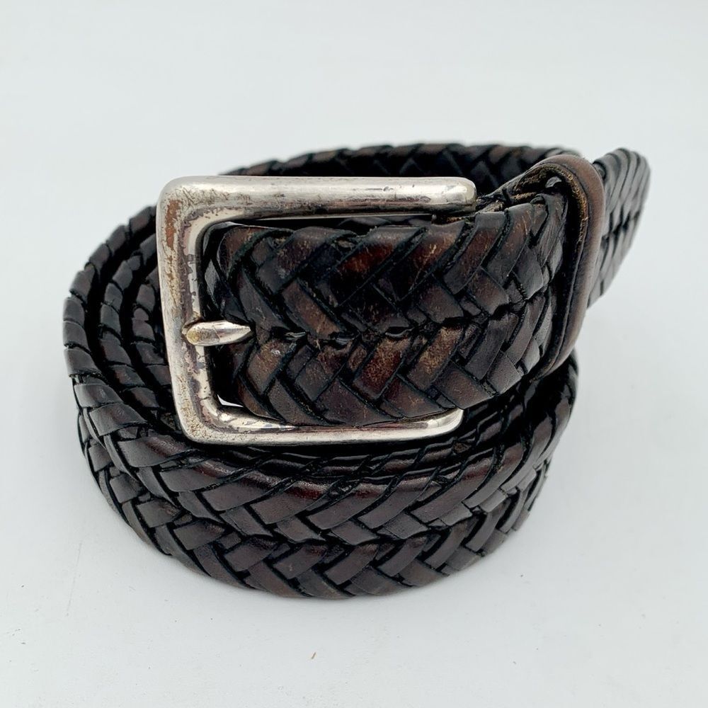 Eddie Bauer Dark Brown Braided Leather Belt Silver Buckle 44”